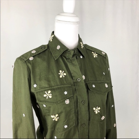 Joie bead embellished military olive green Hayfa shirt button down top XS - Picture 6 of 12